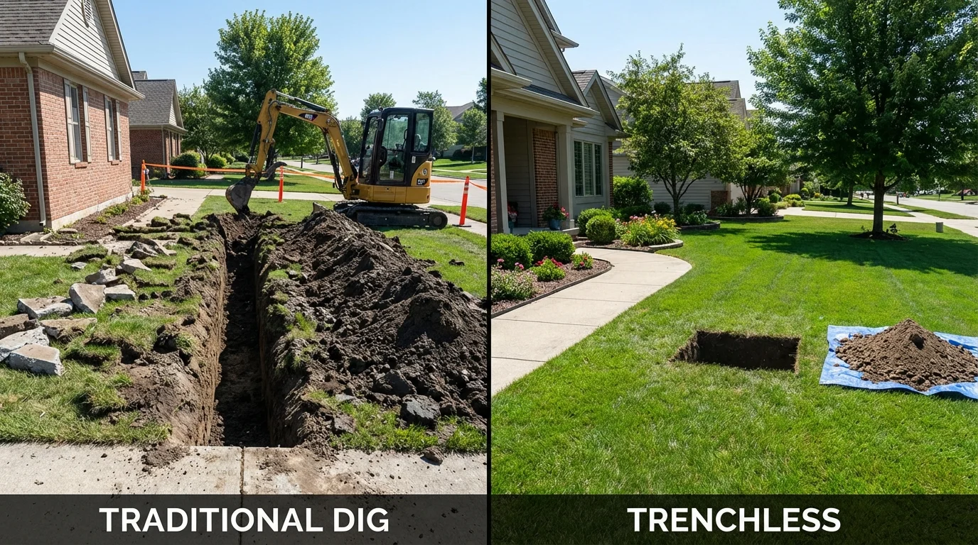 Trenchless sewer repair with minimal yard damage versus traditional excavation in Canton, NY
