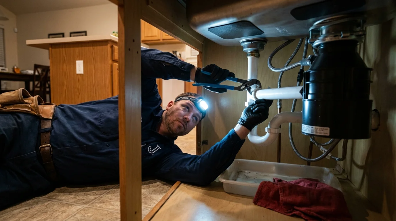 P-trap and supply line connections under a kitchen sink showing a common leak point in Canton, NY